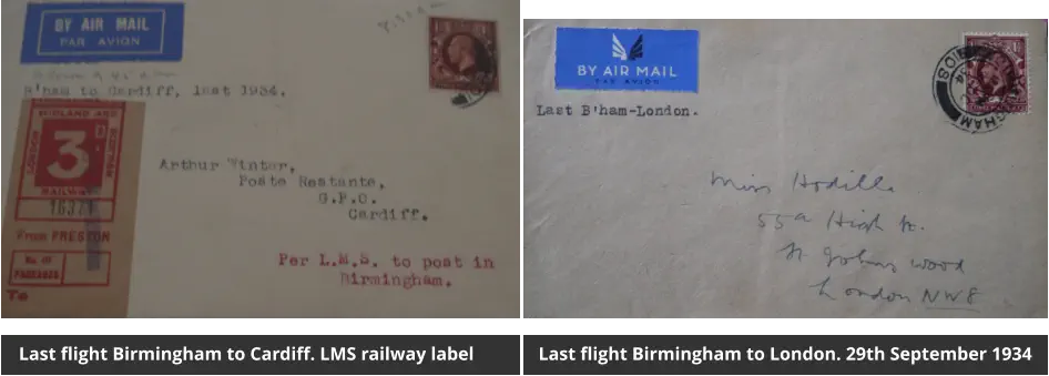 Last flight Birmingham to Cardiff. LMS railway label Last flight Birmingham to London. 29th September 1934