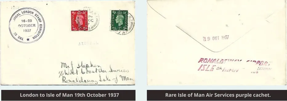London to Isle of Man 19th October 1937 Rare Isle of Man Air Services purple cachet. London to Isle of Man 19th October 1937 Rare Isle of Man Air Services purple cachet.